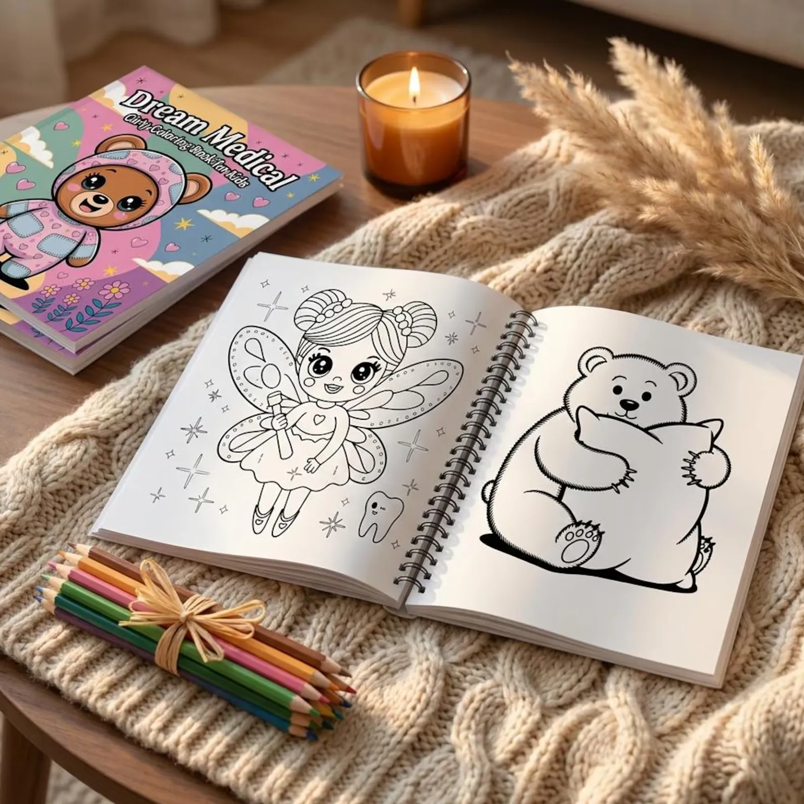 Spiral-bound coloring book mockup on cozy blanket